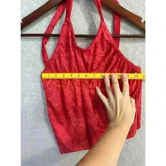 VTG Velour Sexy Red Halter Top 90s Rave Festival Y2K Asymmetrical Size M/L - Picture 13 of 14